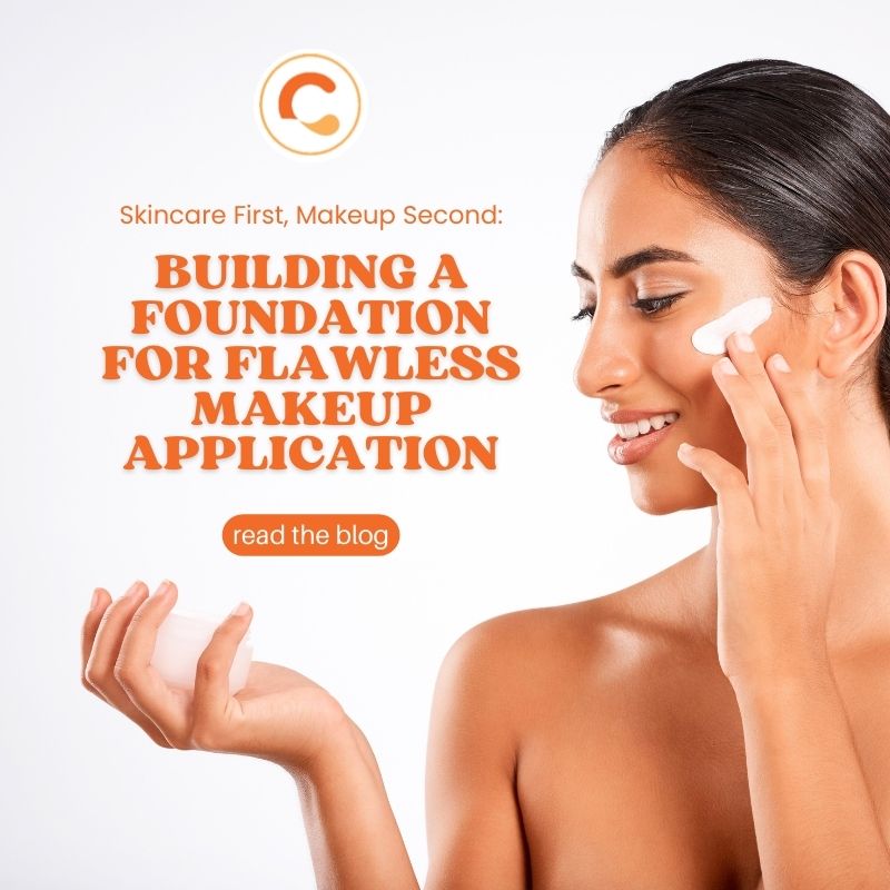 Woman applying a cream product to her cheek before makeup application