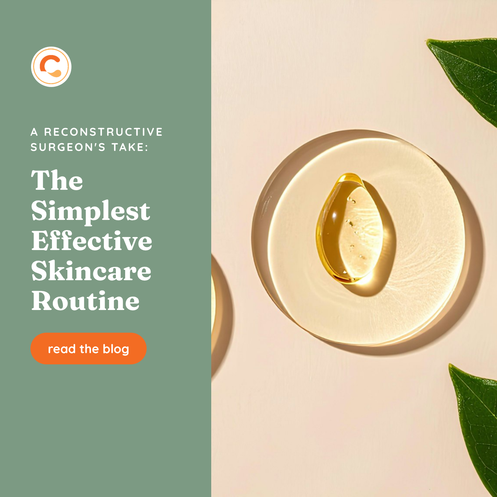 Three clear dishes of oil, gel and cream beside green leaves on a peach background, beside a sage-green panel with the headline The Simplest Effective Skincare Routine, the InviCible logo, and a read the blog button