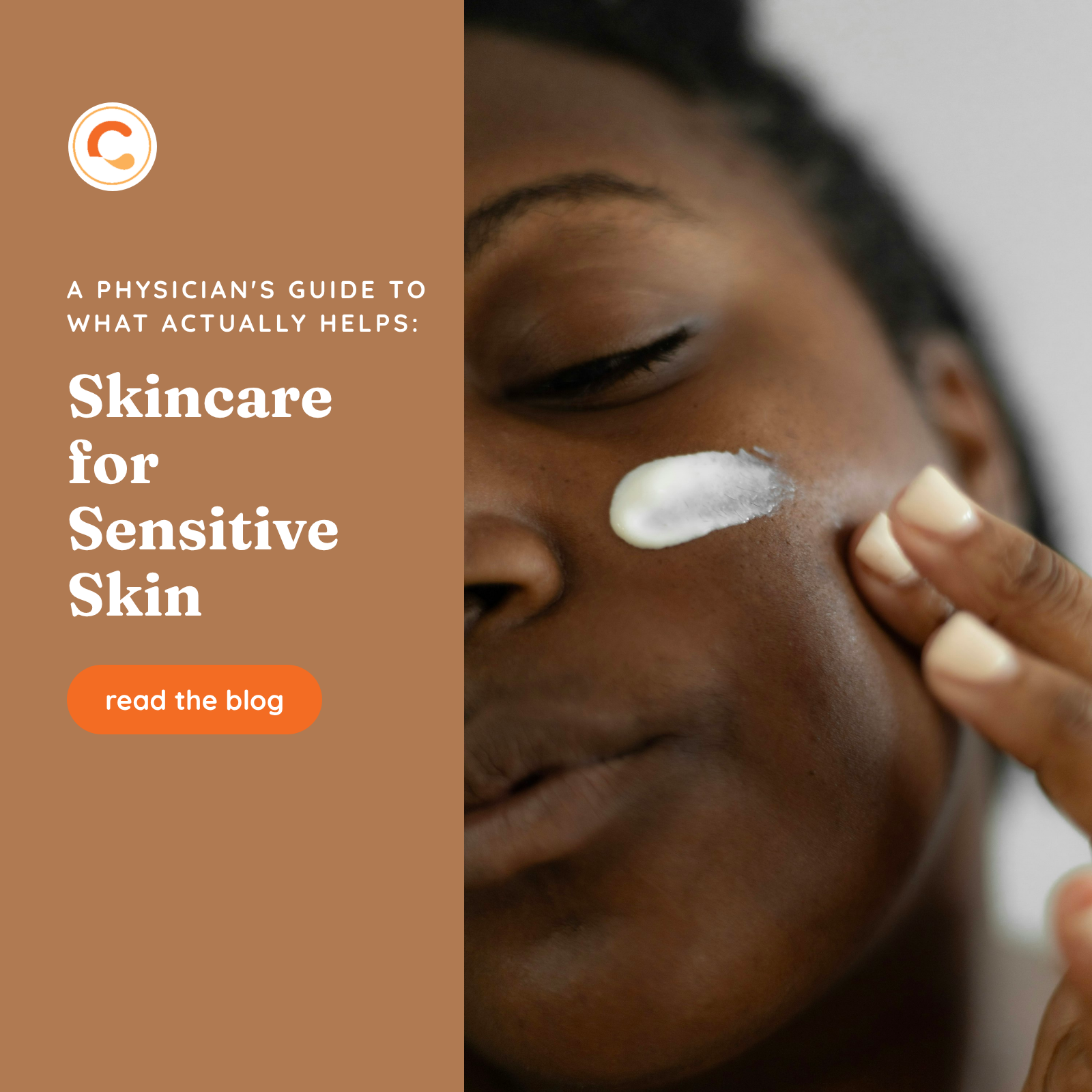 Woman applying a dab of cream to her cheek, beside a warm-clay panel with the headline Skincare for Sensitive Skin, the InviCible logo, and a read the blog button