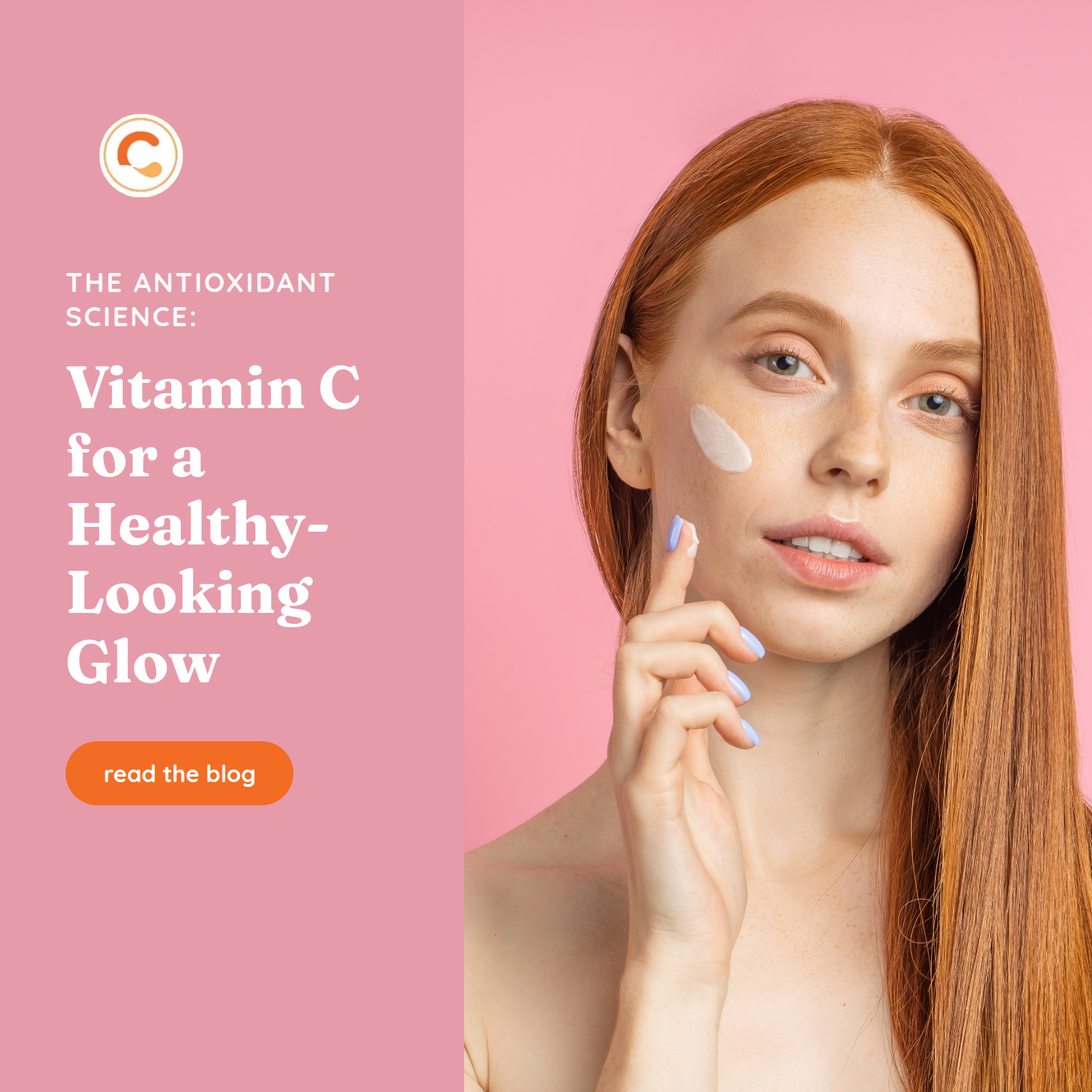 InviCible-branded graphic with a Vitamin C skincare photo, headline The Antioxidant Science: Vitamin C for a Healthy-Looking Glow, InviCible logo, and read the blog button