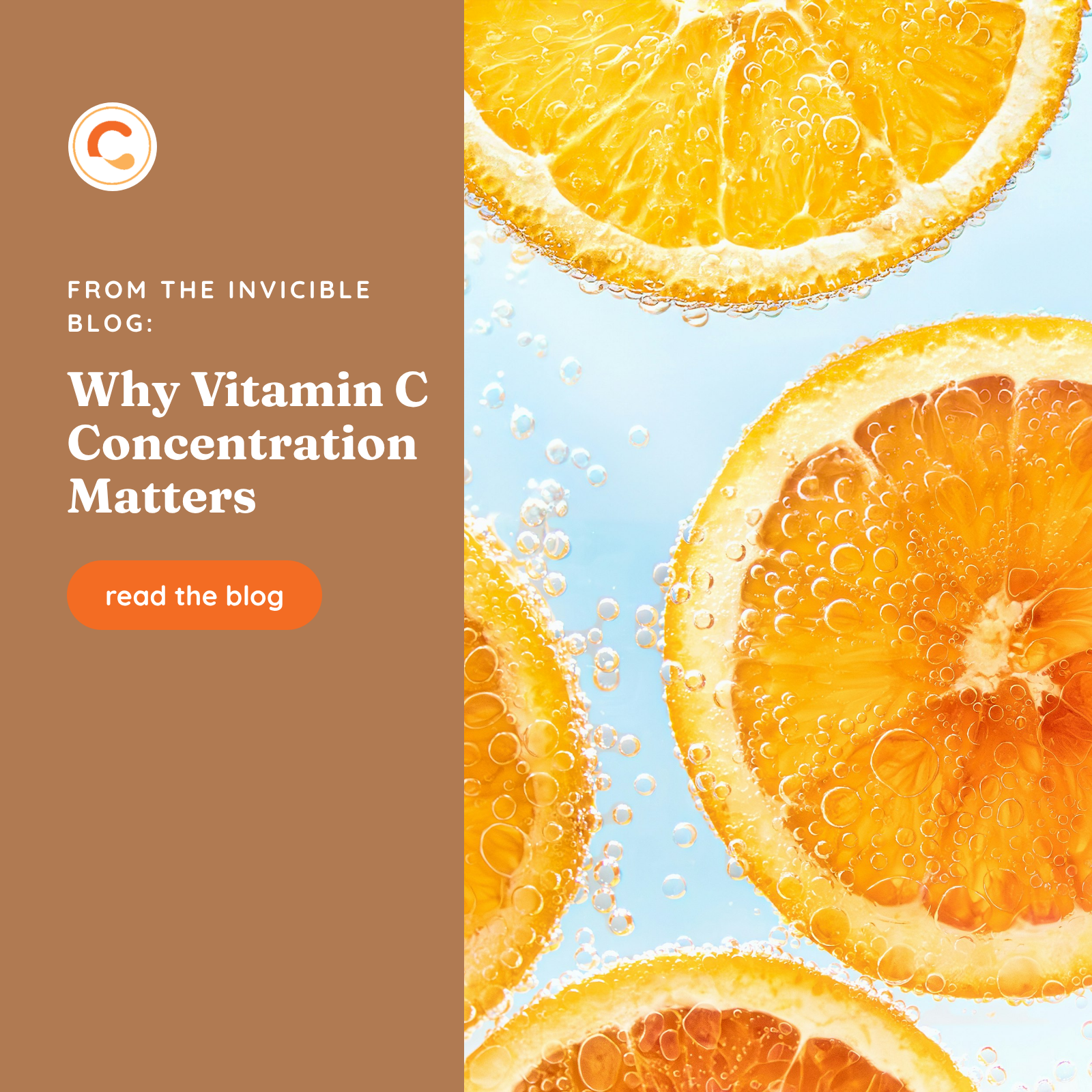 Close-up of orange slices in clear water with bubbles against a light blue background, beside a warm-clay panel with the headline Why Vitamin C Concentration Matters, the InviCible logo, and a read the blog button
